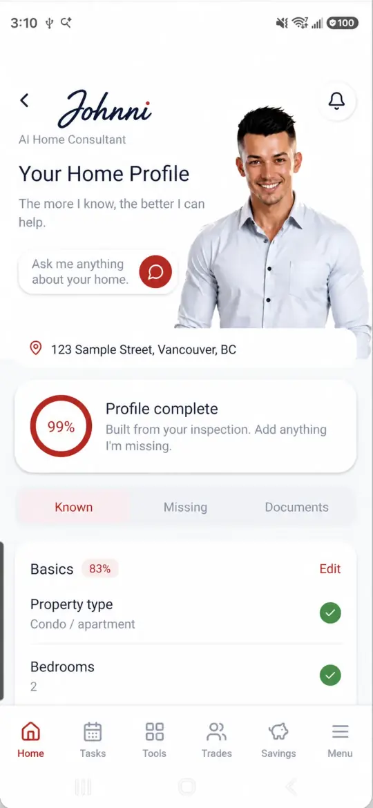 Johnni home profile screen built from an inspection report