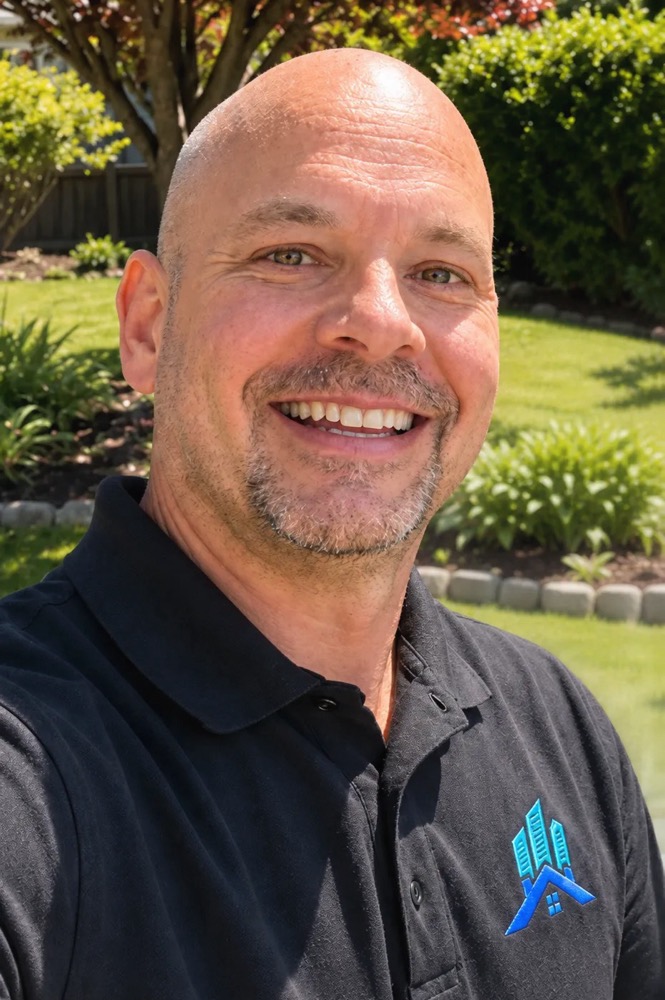 Home inspector Shane Ballard in his SB Home & Building Inspections shirt outside a home